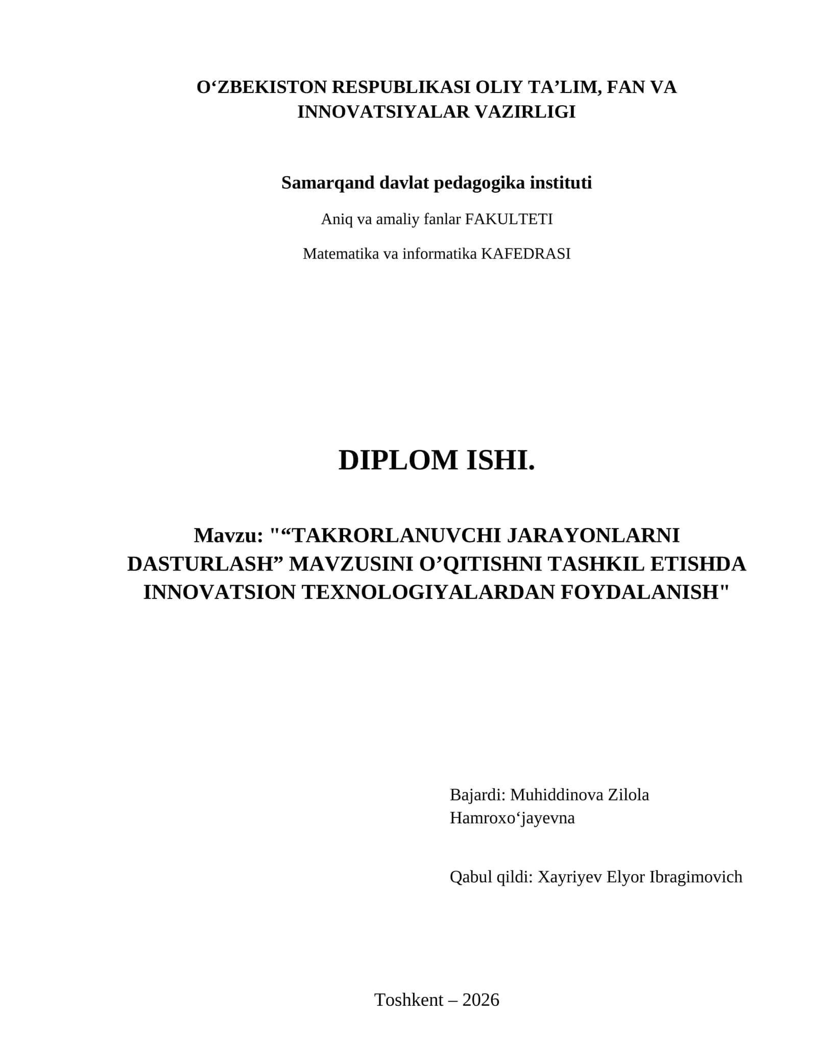 “Takrorlanuvchi jarayonlarni dasturlash” mavzusini o’qitishni tashkil etishda innovatsion texnologiyalardan foydalanish