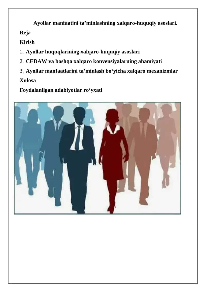 Ayollar manfaatini ta'minlashning xalqaro-huquqiy asoslari