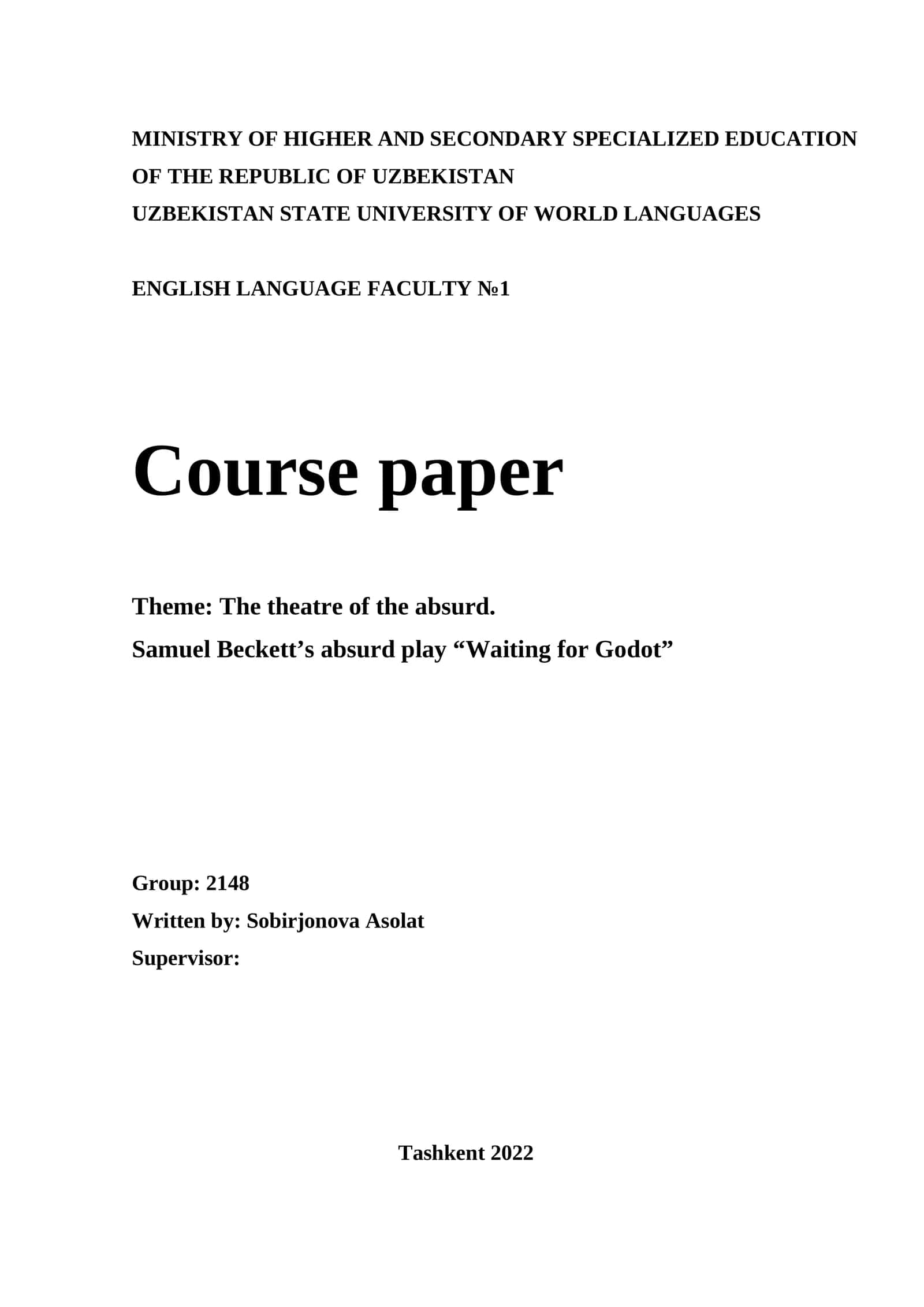 Course paper: The theatre of the absurd - Samuel Beckett’s "Waiting for Godot"