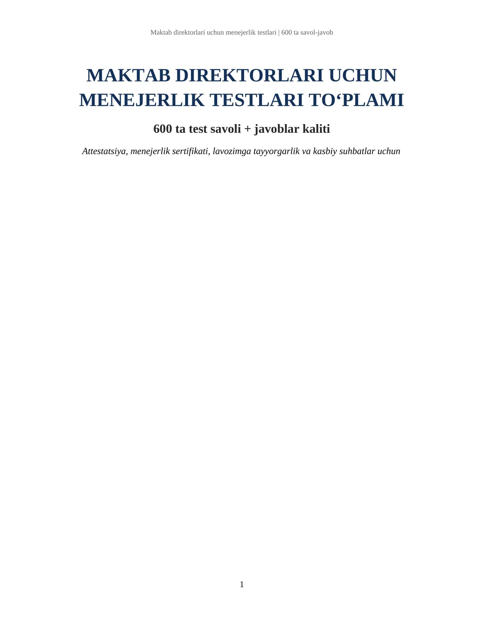 Maktab direktorlari uchun menejerlik testlari | 600 ta savol-javob