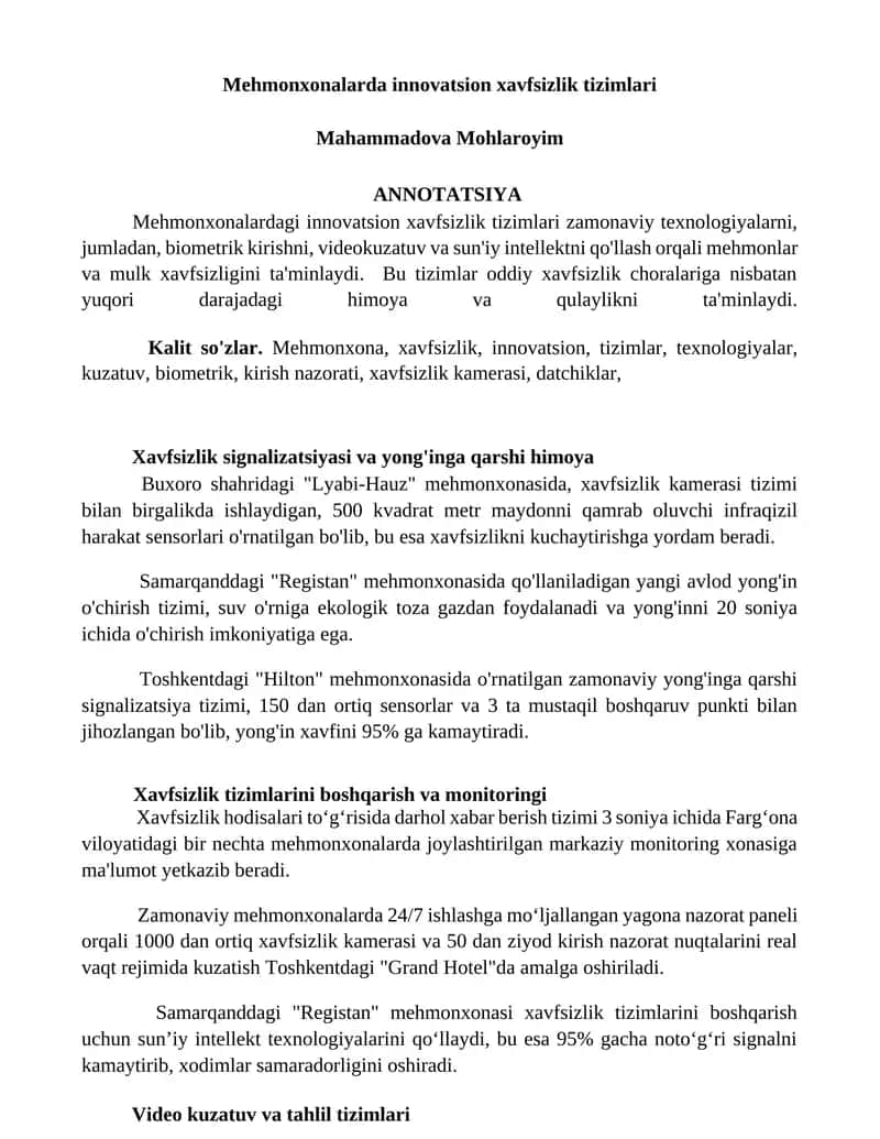 Mehmonxonalarda innovatsion xavfsizlik tizimlari