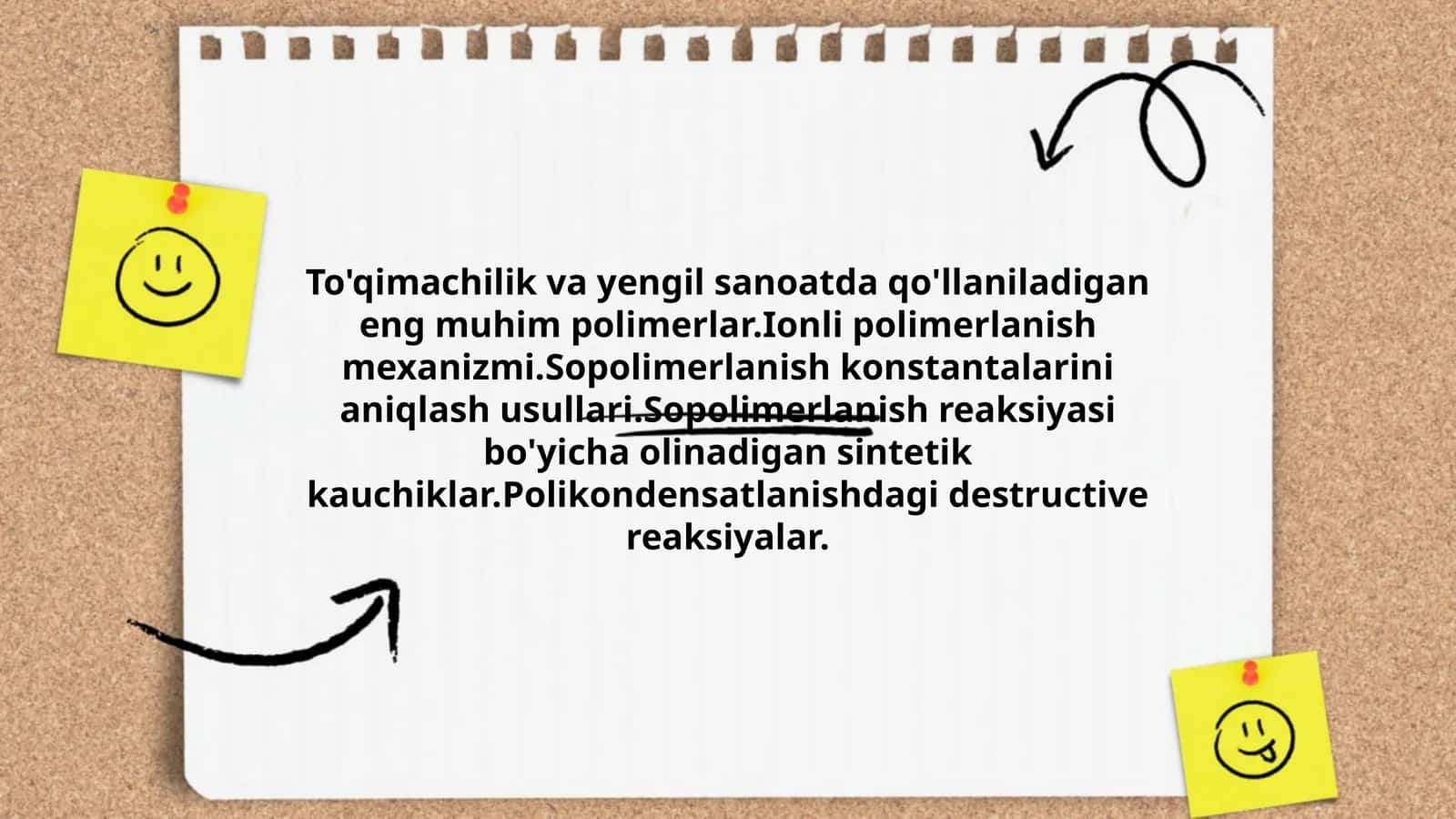 To'qimachilik va yengil sanoatda qo'llaniladigan eng muhim polimerlar.Ionli polimerlanish mexanizmi.Sopolimerlanish konstantalarini aniqlash usullari.Sopolimerlanish reaksiyasi bo'yicha olinadigan sintetik kauchiklar.Polikondensatlanishdagi destructive reaksiyalar