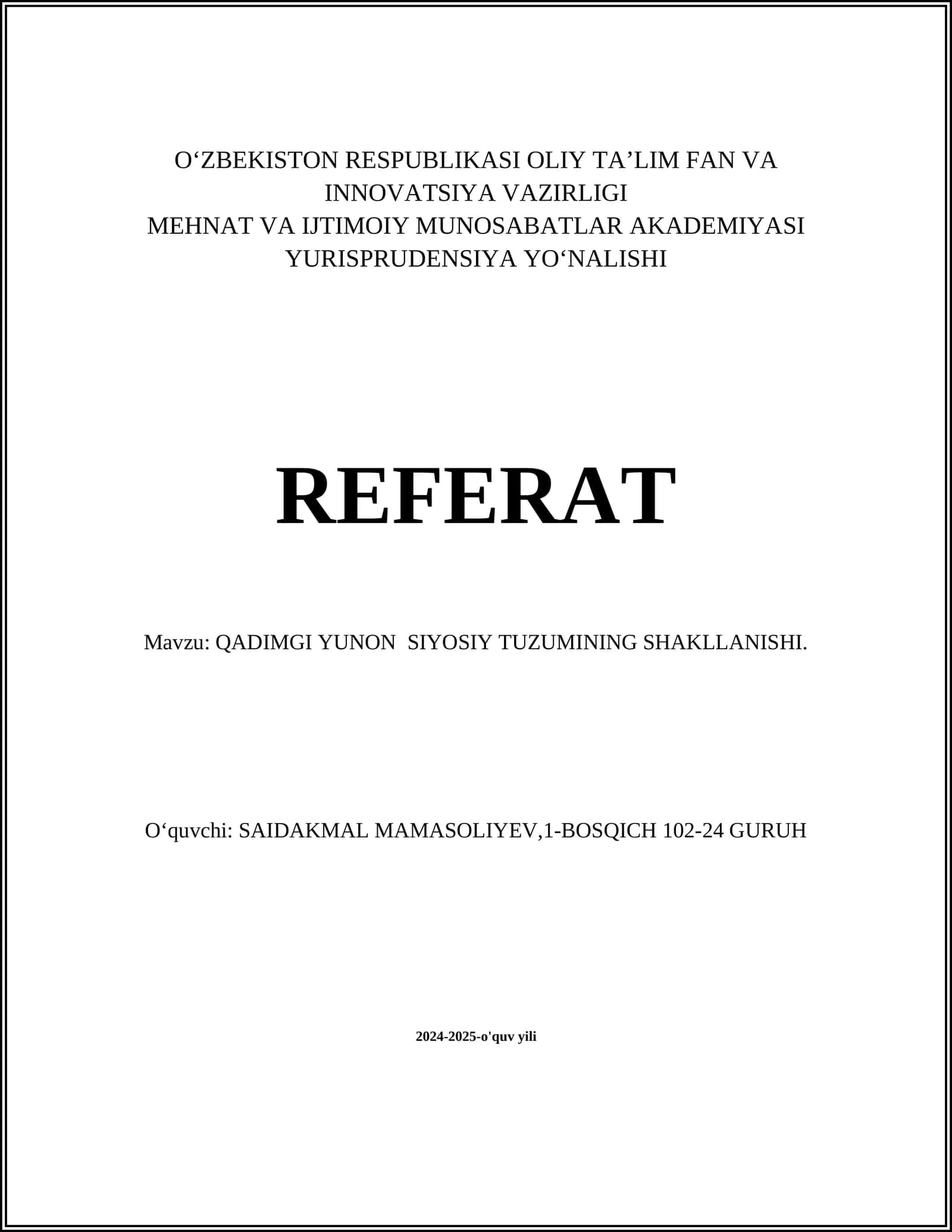 QADIMGI YUNON SIYOSIY TUZUMINING SHAKLLANISHI