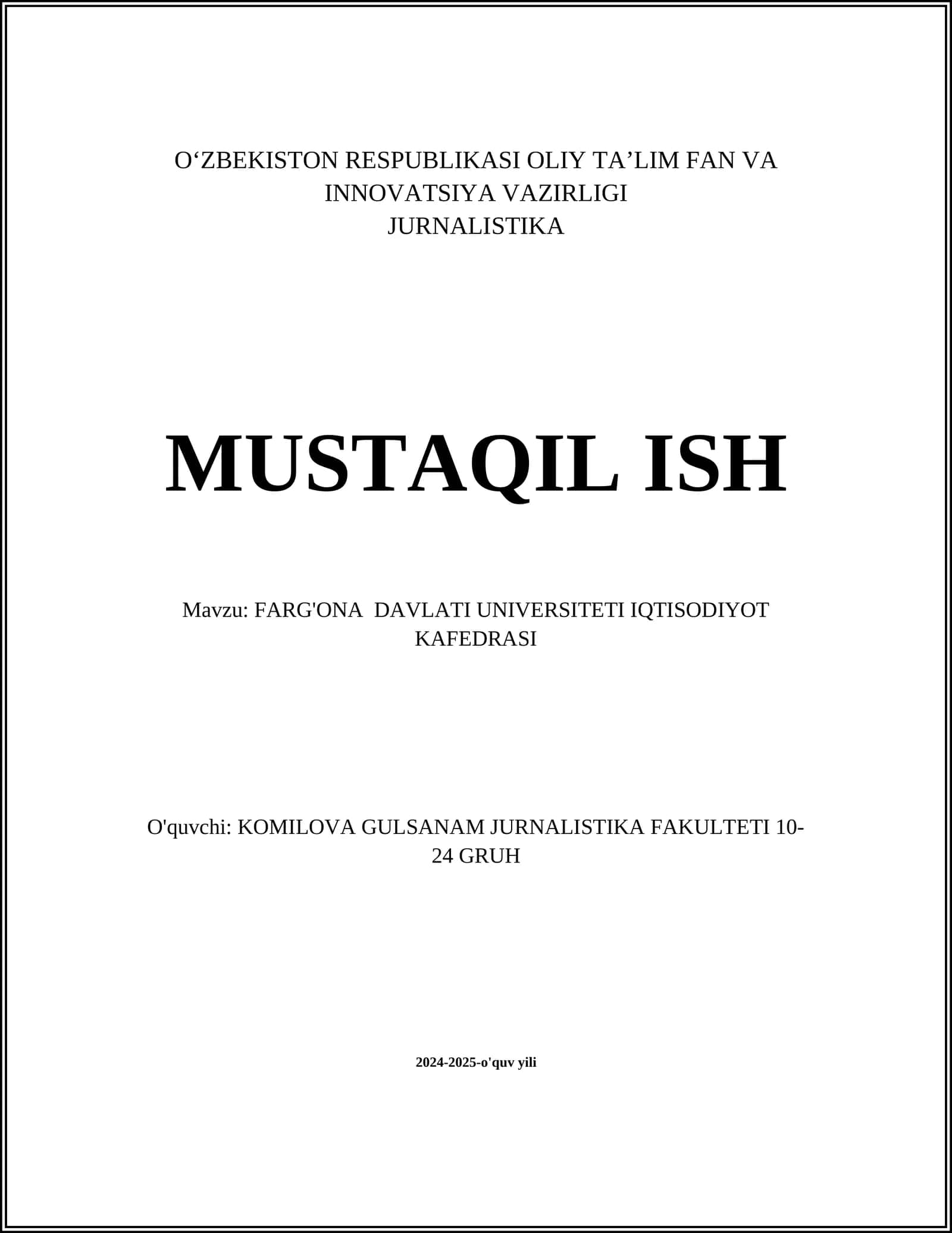 FARG'ONA DAVLATI UNIVERSITETI IQTISODIYOT KAFEDRASI
