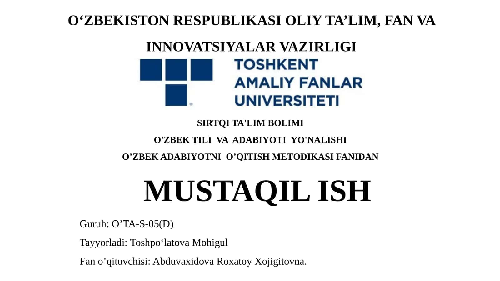 O’zbek adabiyotni o’qitish metodiKasi