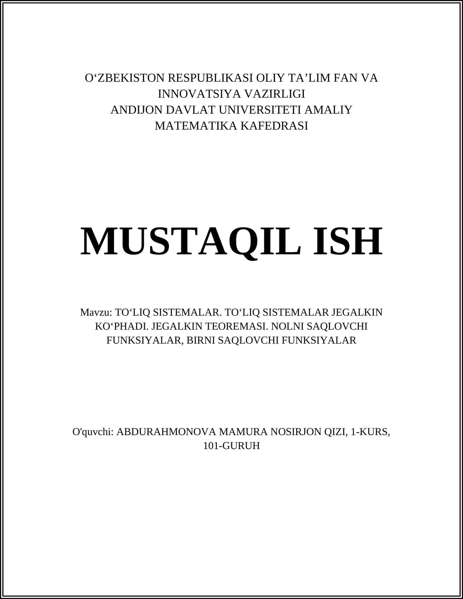 TOʻLIQ SISTEMALAR. TOʻLIQ SISTEMALAR JEGALKIN KOʻPHADI. JEGALKIN TEOREMASI. NOLNI SAQLOVCHI FUNKSIYALAR, BIRNI SAQLOVCHI FUNKSIYALAR