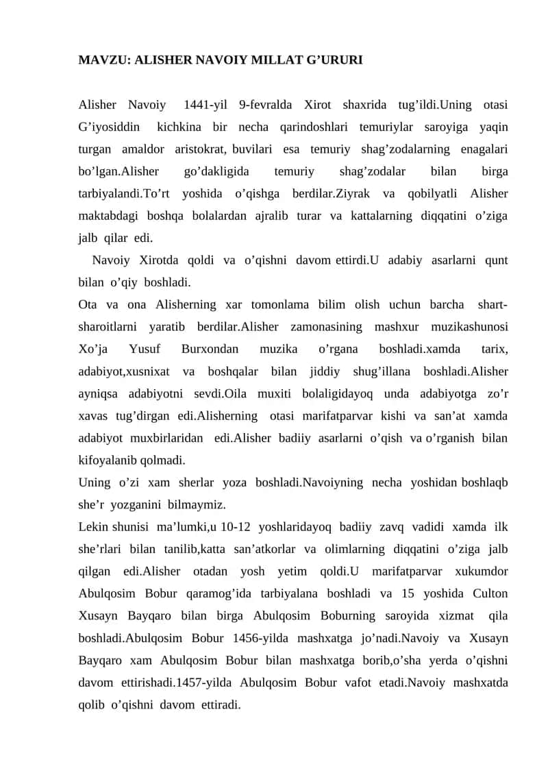 ALISHER NAVOIY MILLAT G’URURI