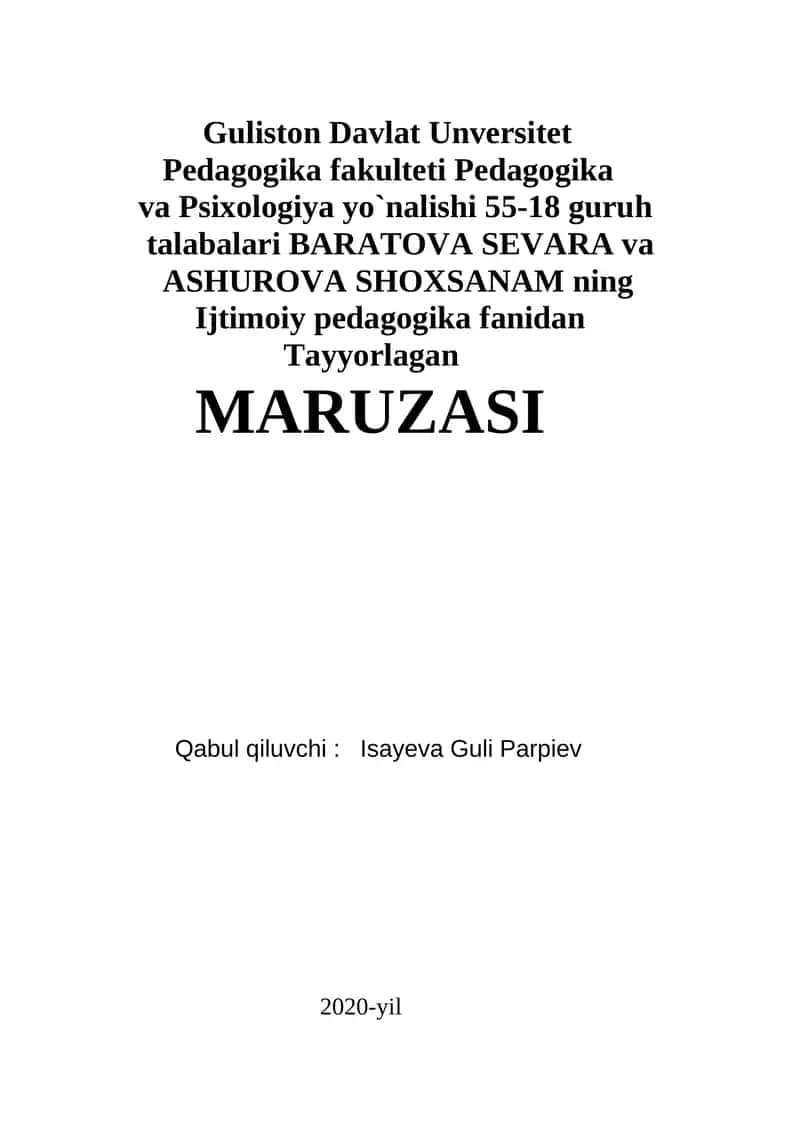 Ijtimoiy pedagogika fanidan Tayyorlagan MARUZA