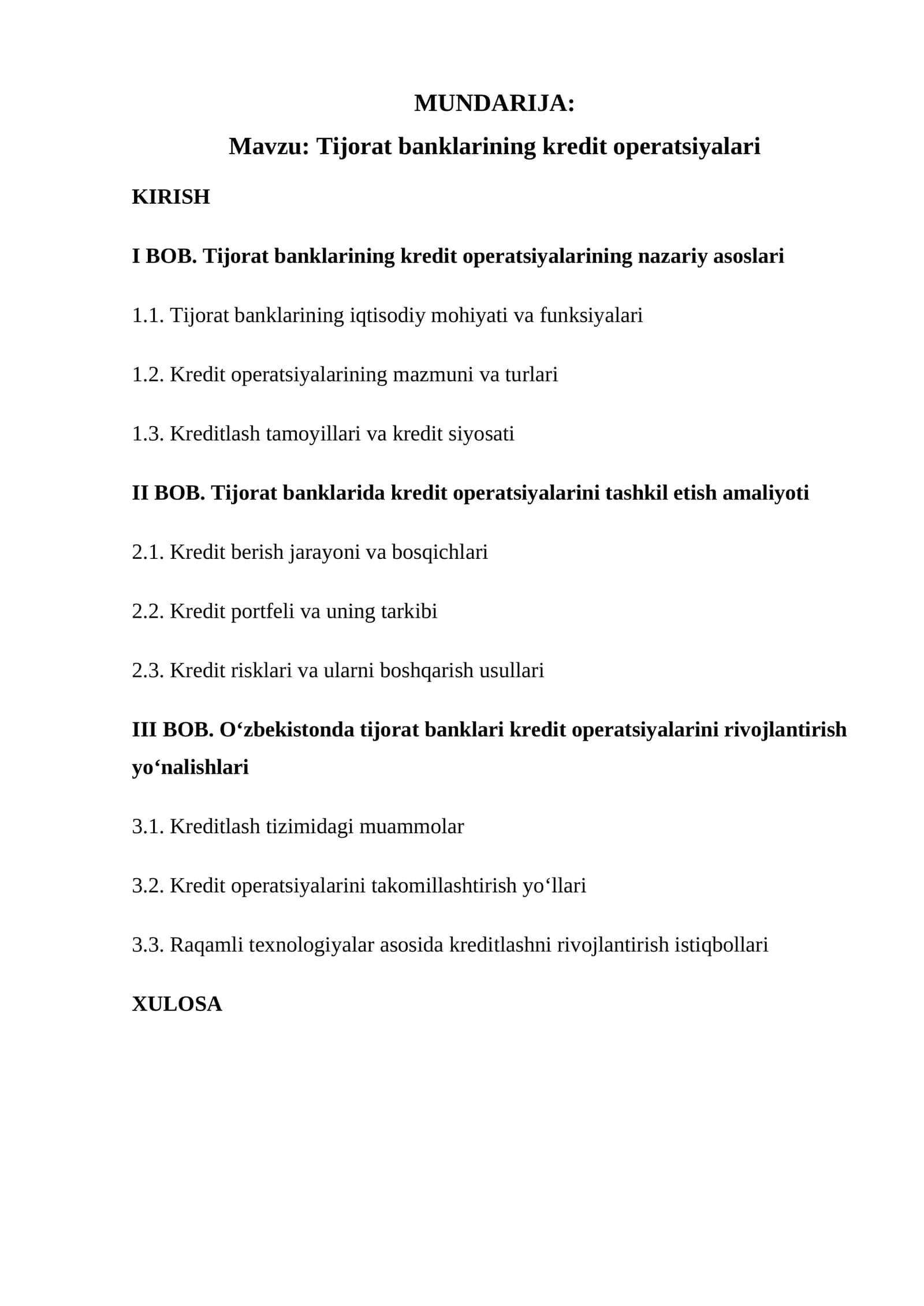 Tijorat banklarining kredit operatsiyalari