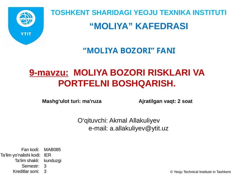 MOLIYA BOZORI RISKLARI VA PORTFELNI BOSHQARISH