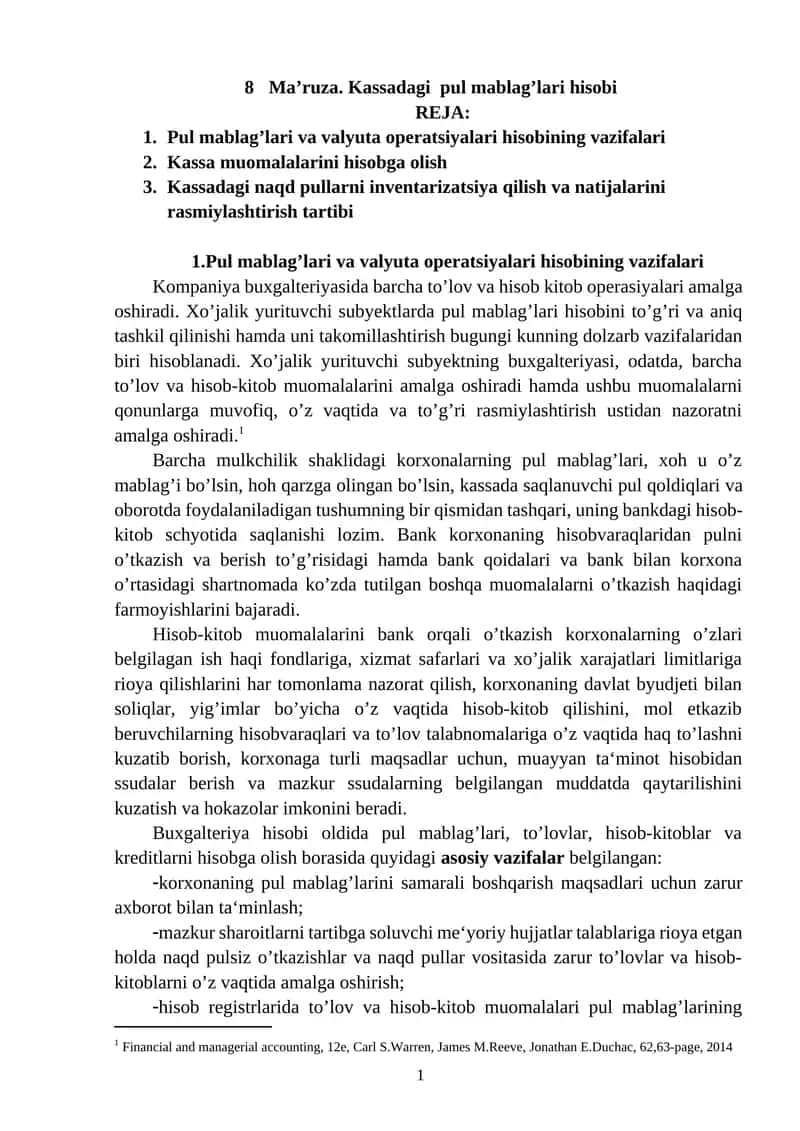 Kassadagi pul mablag’lari hisobi