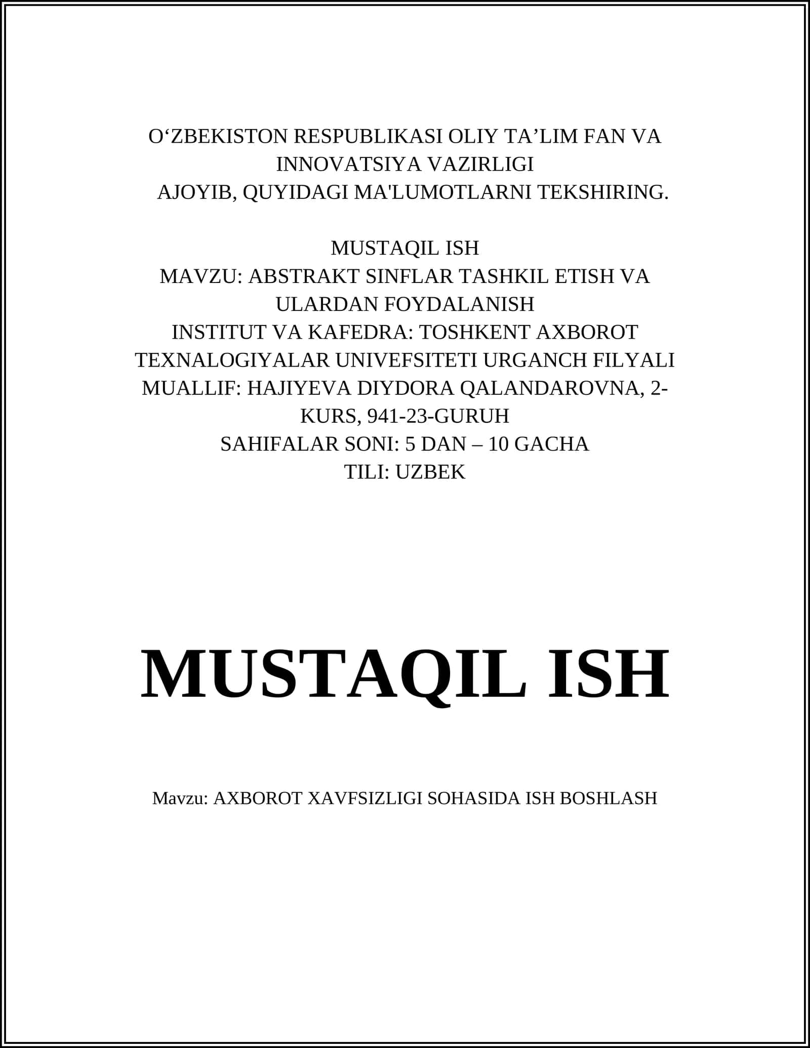 AXBOROT XAVFSIZLIGI SOHASIDA ISH BOSHLASH