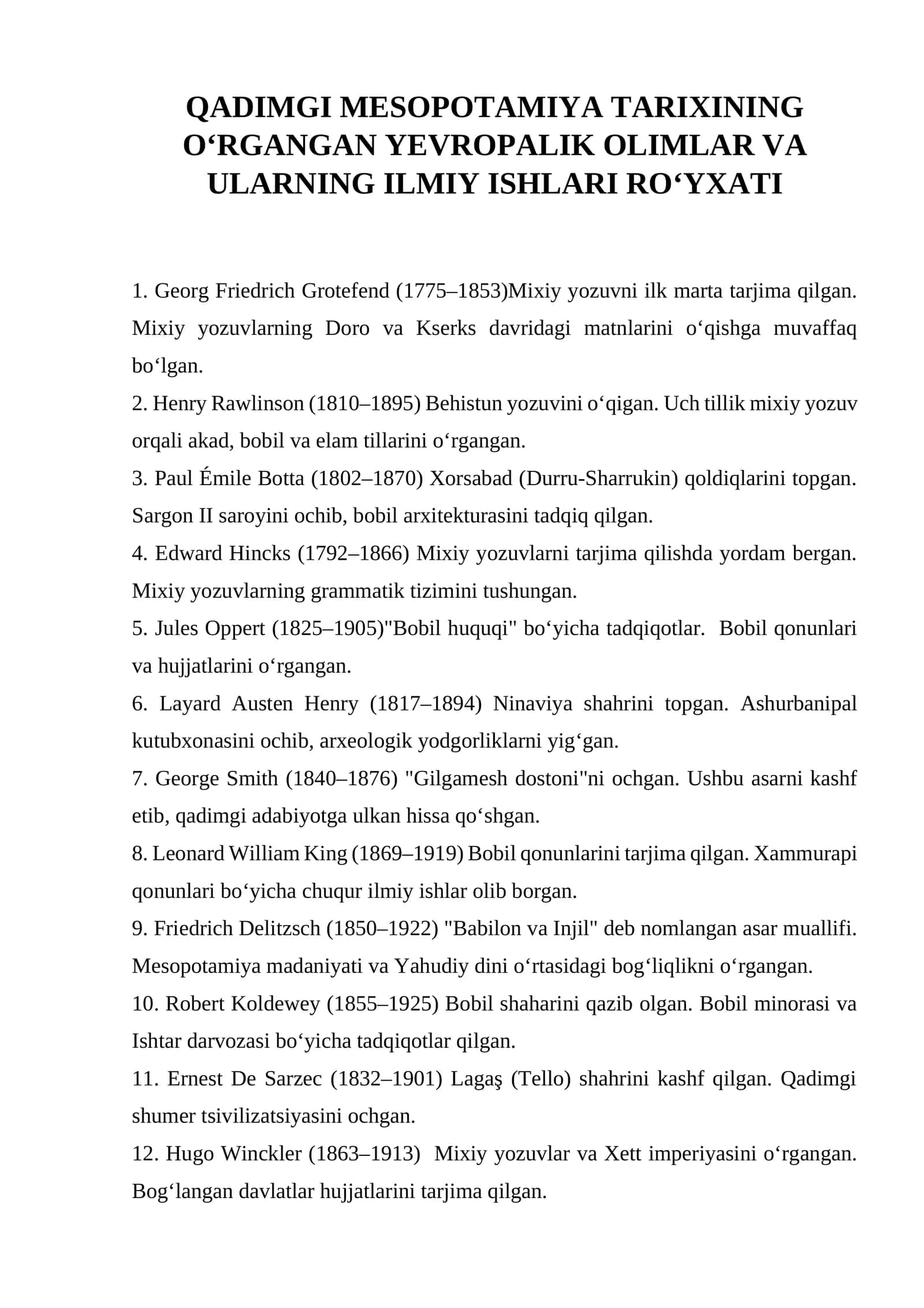 QADIMGI MESOPOTAMIYA TARIXINING O‘RGANGAN YEVROPALIK OLIMLAR VA ULARNING ILMIY ISHLARI RO‘YXATI