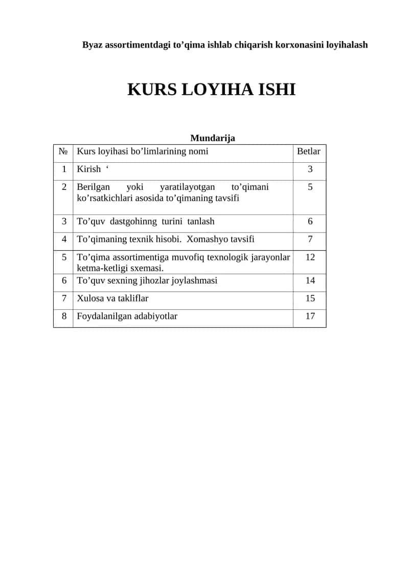 Byaz assortimentdagi to’qima ishlab chiqarish korxonasini loyihalash kurs ishi