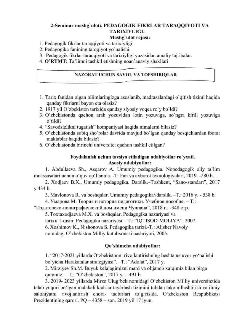PEDAGOGIK FIKRLAR TARAQQIYOTI VA TARIXIYLIGI