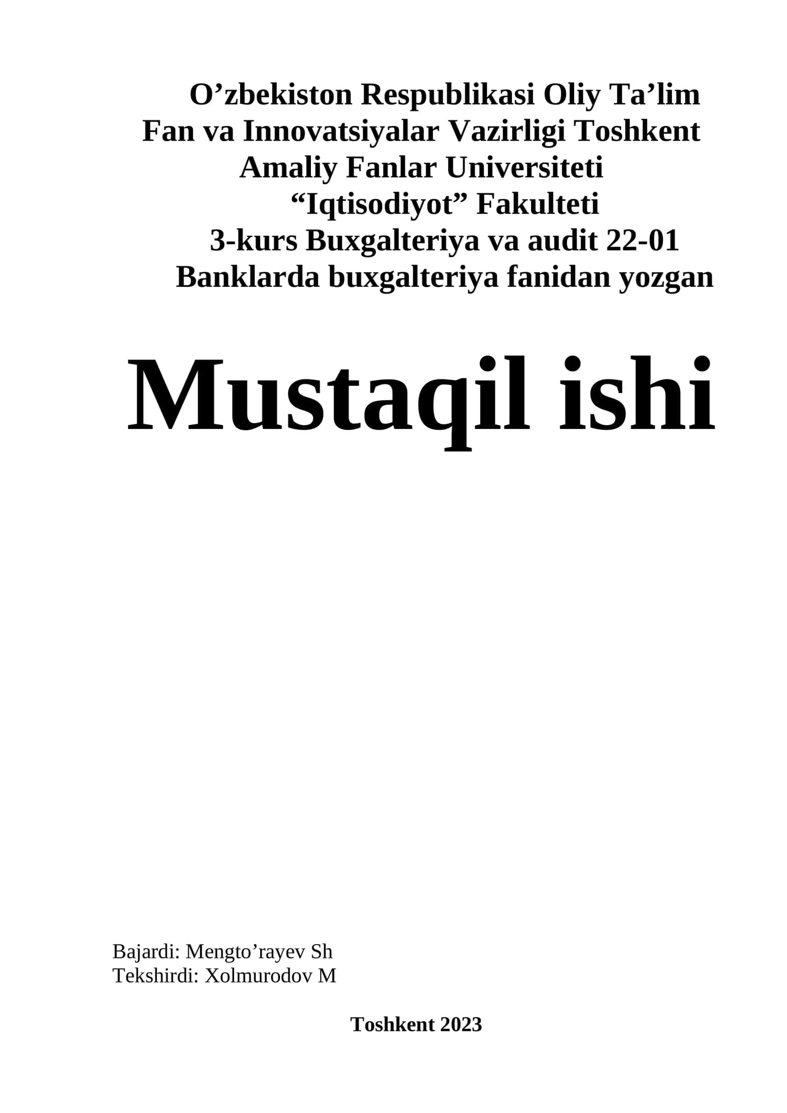 Banklarda naqd pul mablag’lari va ularning hisobi