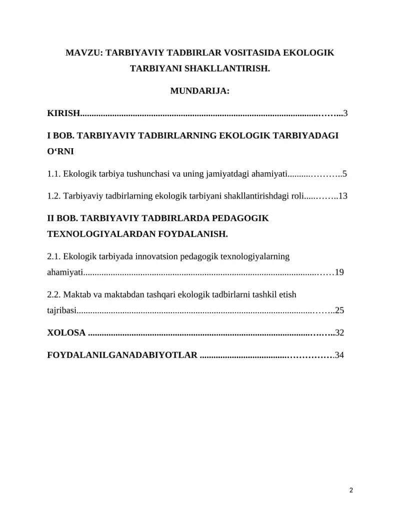 TARBIYAVIY TADBIRLAR VOSITASIDA EKOLOGIK TARBIYANI SHAKLLANTIRISH kurs ishi