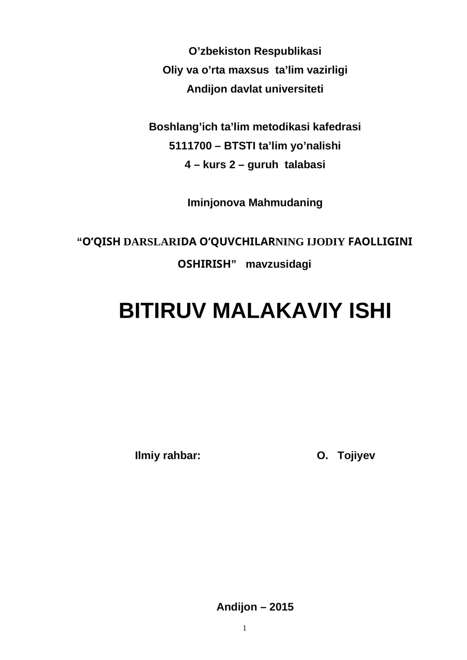 O‘QISH DARSLARIDA O‘QUVCHILARNING IJODIY FAOLLIGINI OSHIRISH