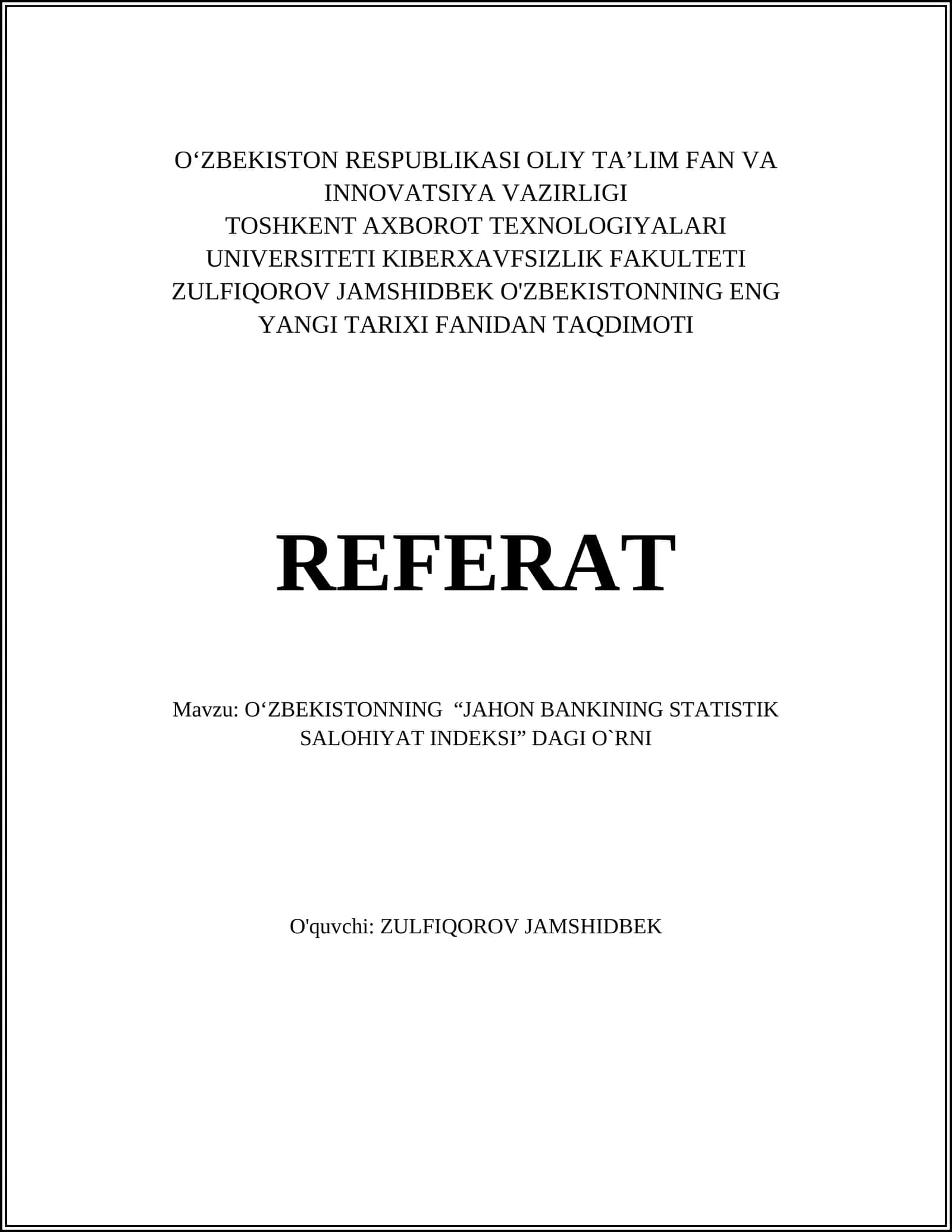 O‘ZBEKISTONNING “JAHON BANKINING STATISTIK SALOHIYAT INDEKSI” DAGI O`RNI