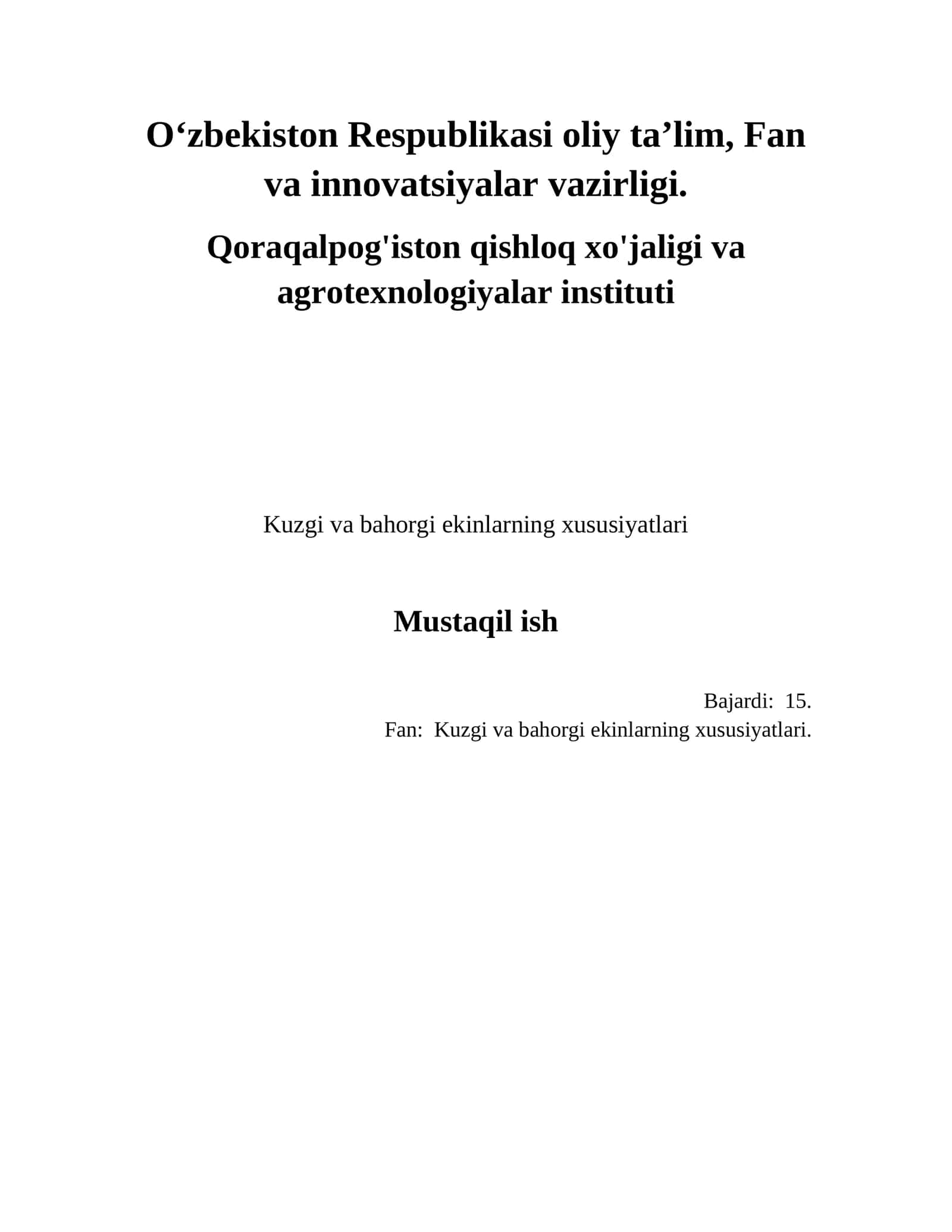 Kuzgi va bahorgi ekinlarning xususiyatlari