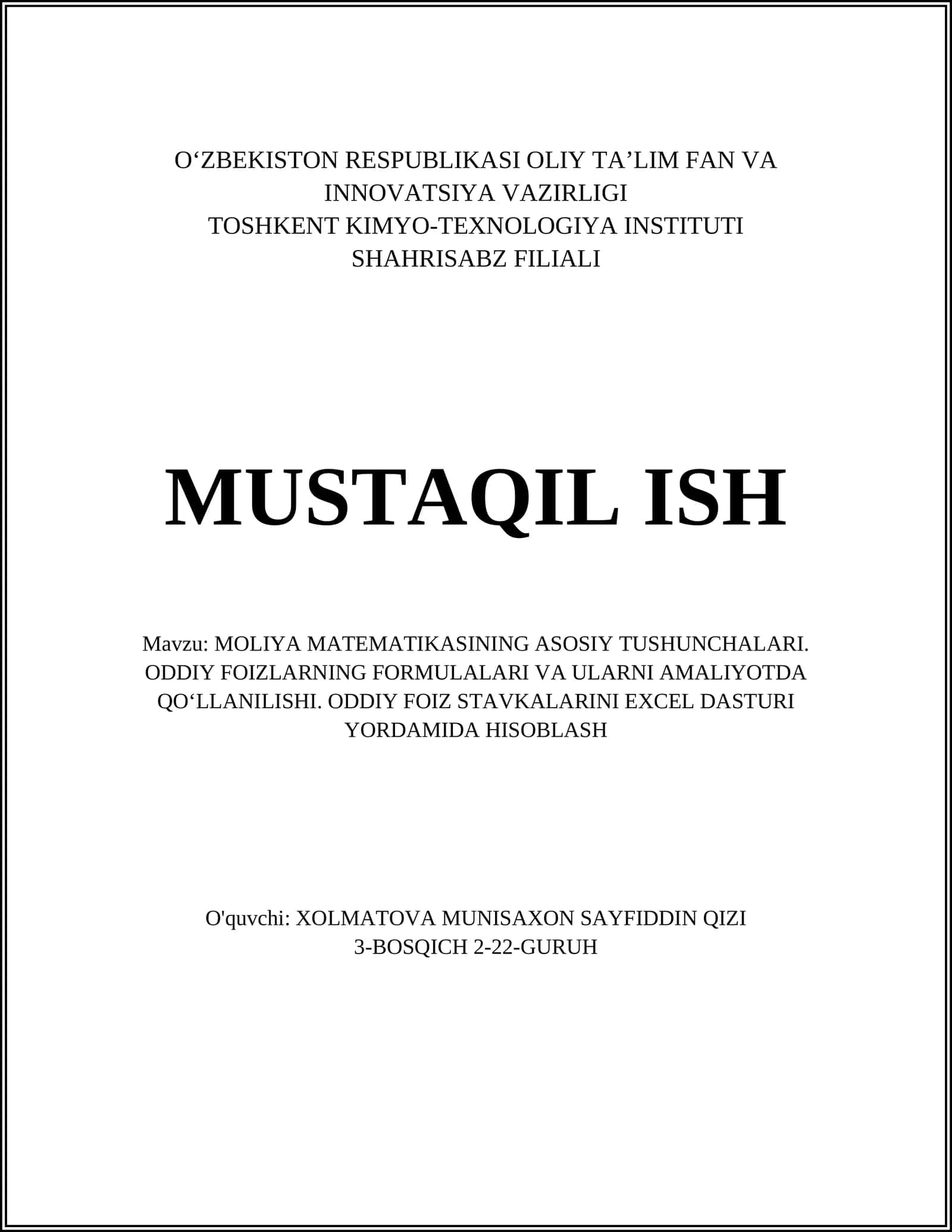 MOLIYA MATEMATIKASINING ASOSIY TUSHUNCHALARI