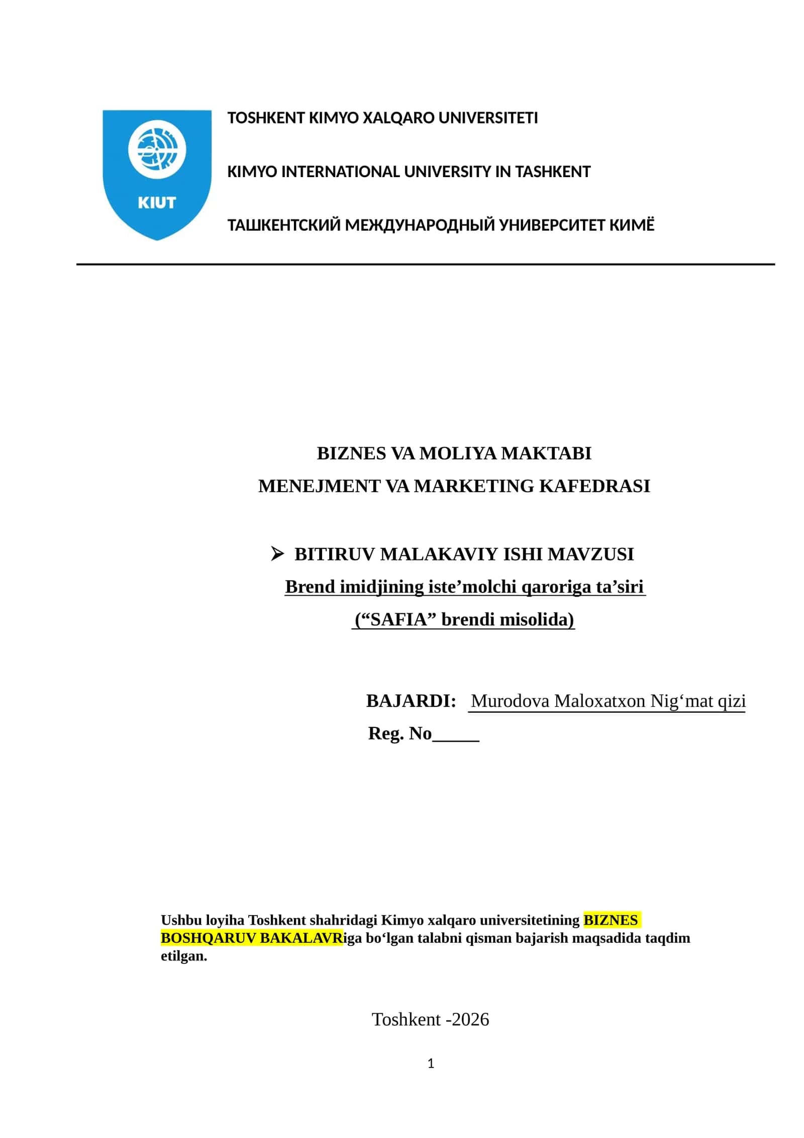 BMI. Brend imidjining iste’molchi qaroriga ta’siri (“SAFIA” brendi misolida)