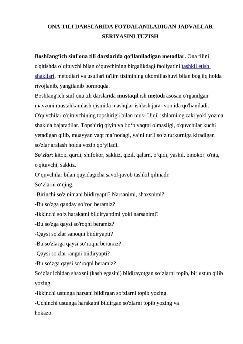 ONA TILI DARSLARIDA FOYDALANILADIGAN JADVALLAR SERIYASINI TUZISH