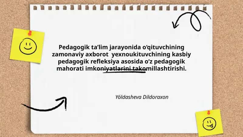 Pedagogik ta’lim jarayonida o‘qituvchining zamonaviy axborot yexnoukituvchining kasbiy pedagogik refleksiya asosida o‘z pedagogik mahorati imkoniyatlarini takomillashtirishi