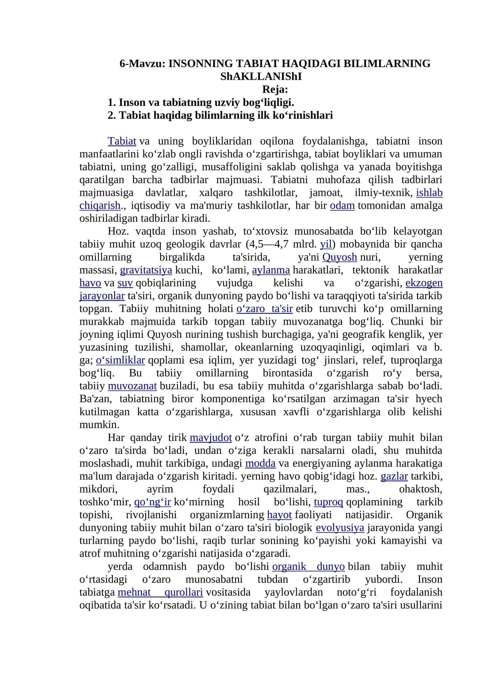 INSONNING TABIAT HAQIDAGI BILIMLARNING ShAKLLANIShI