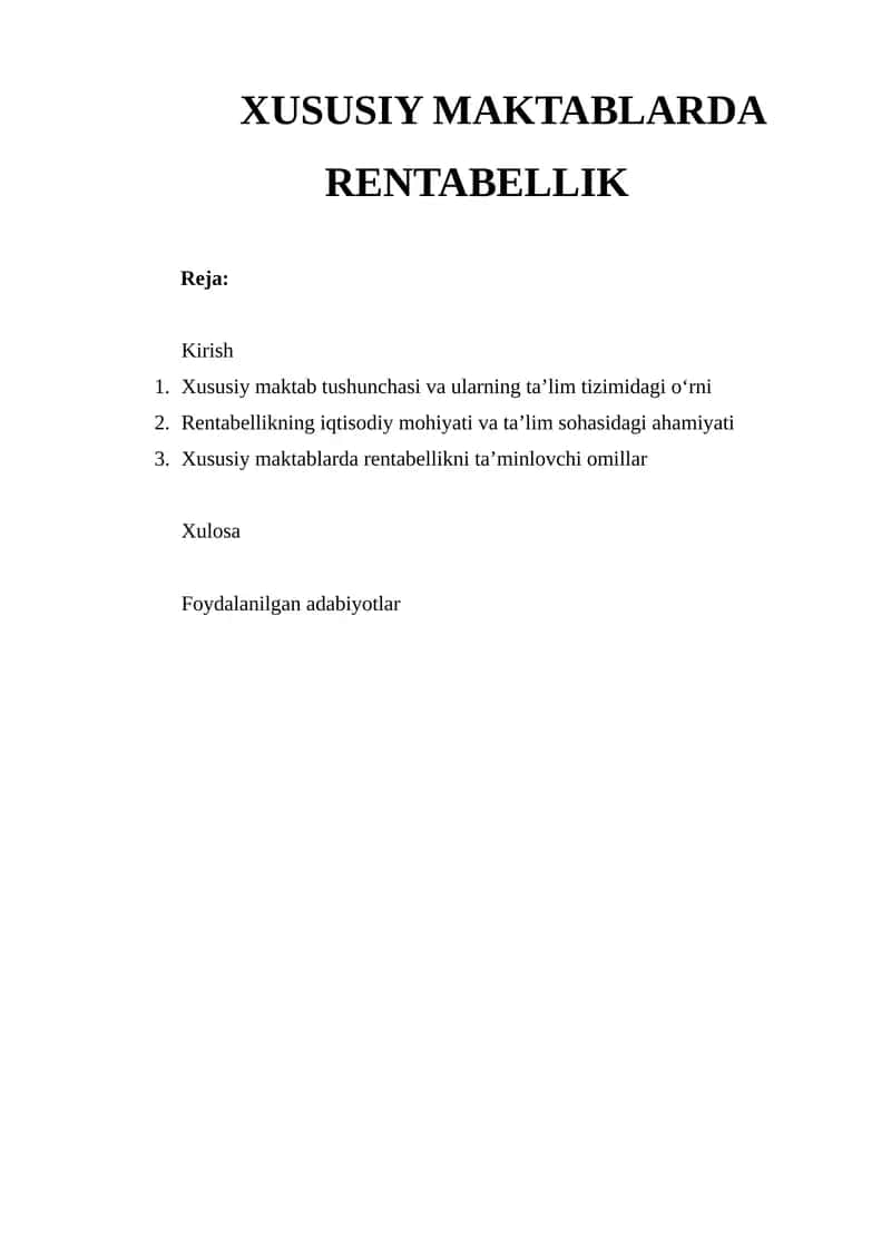 Xususiy Maktablarda Rentabellik