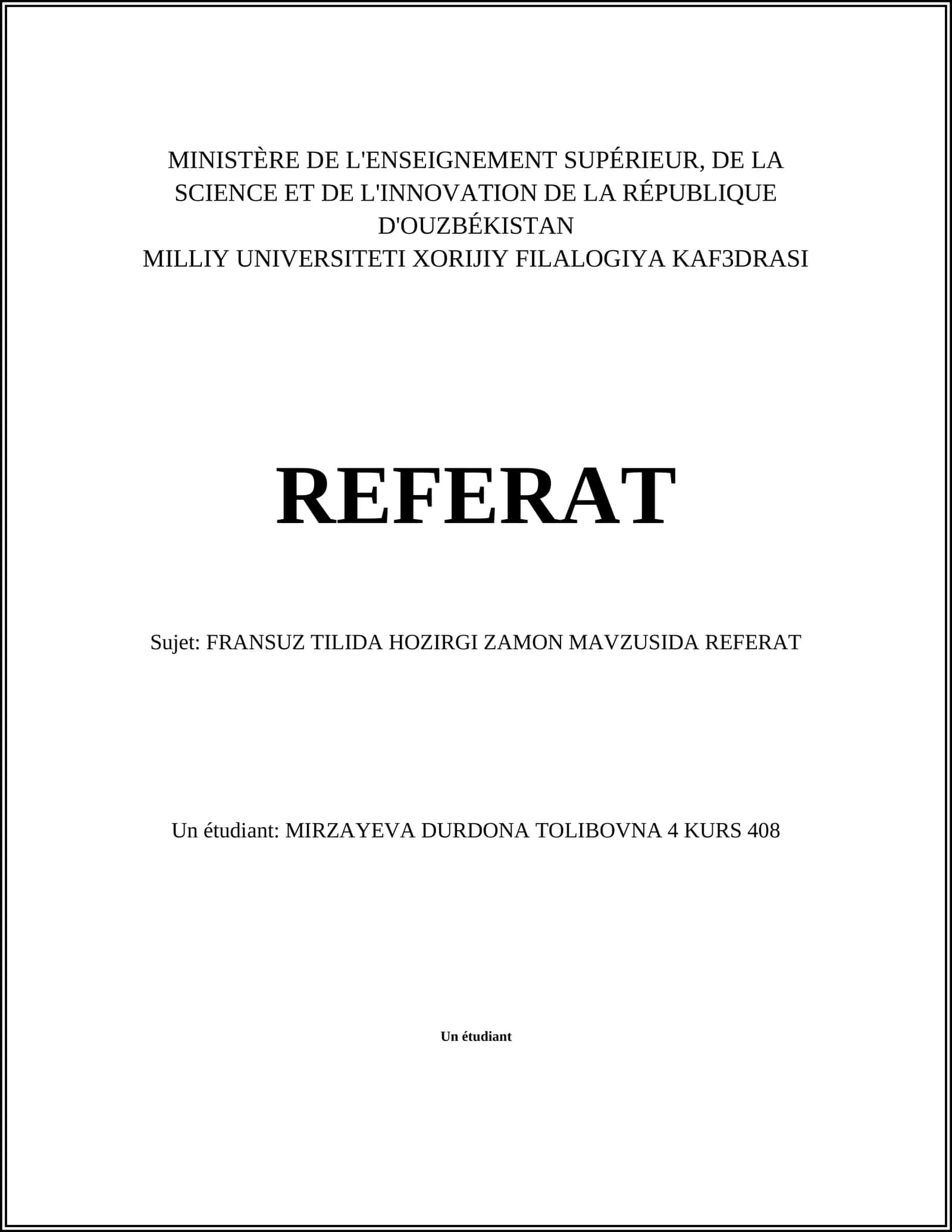 FRANSUZ TILIDA HOZIRGI ZAMON MAVZUSIDA REFERAT