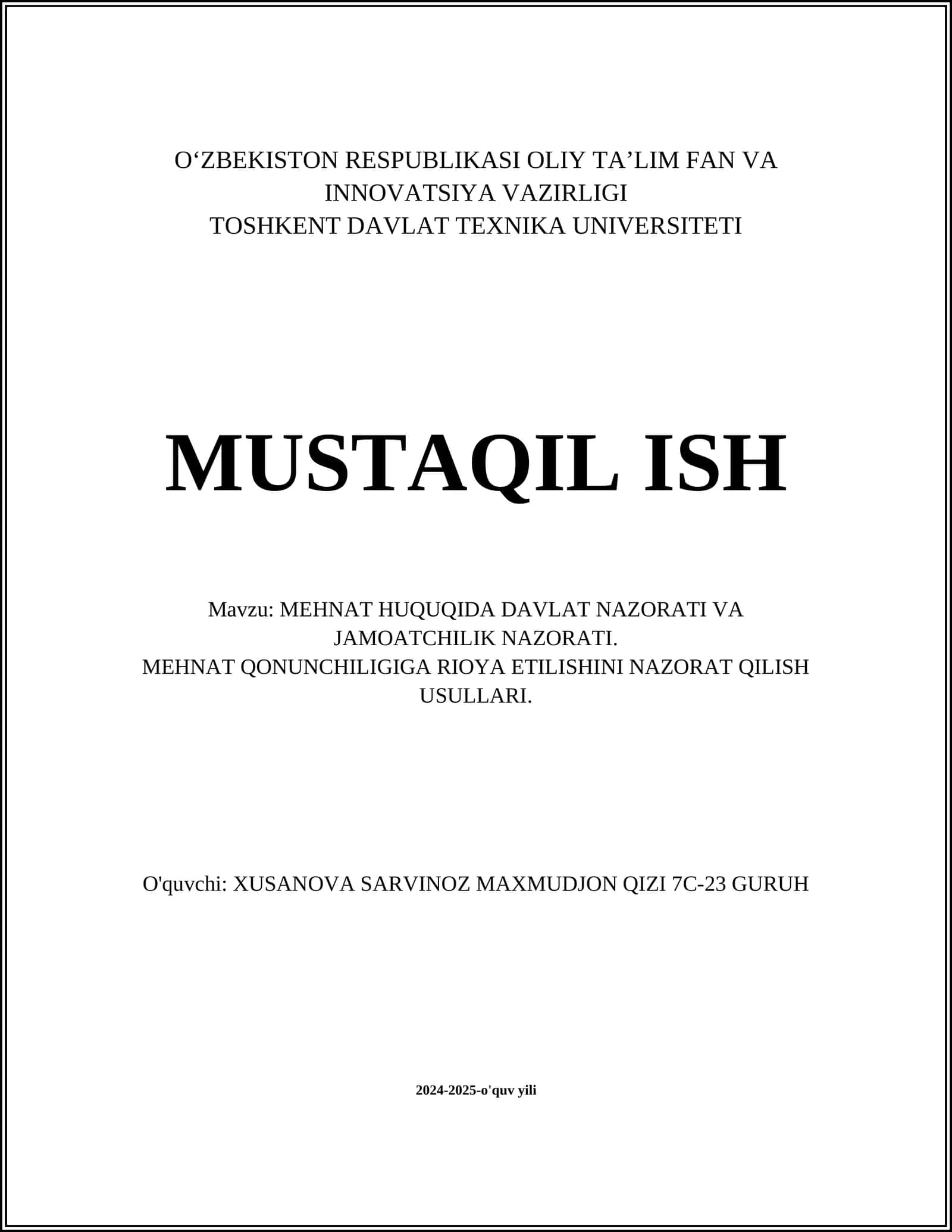 MEHNAT HUQUQIDA DAVLAT NAZORATI VA JAMOATCHILIK NAZORATI