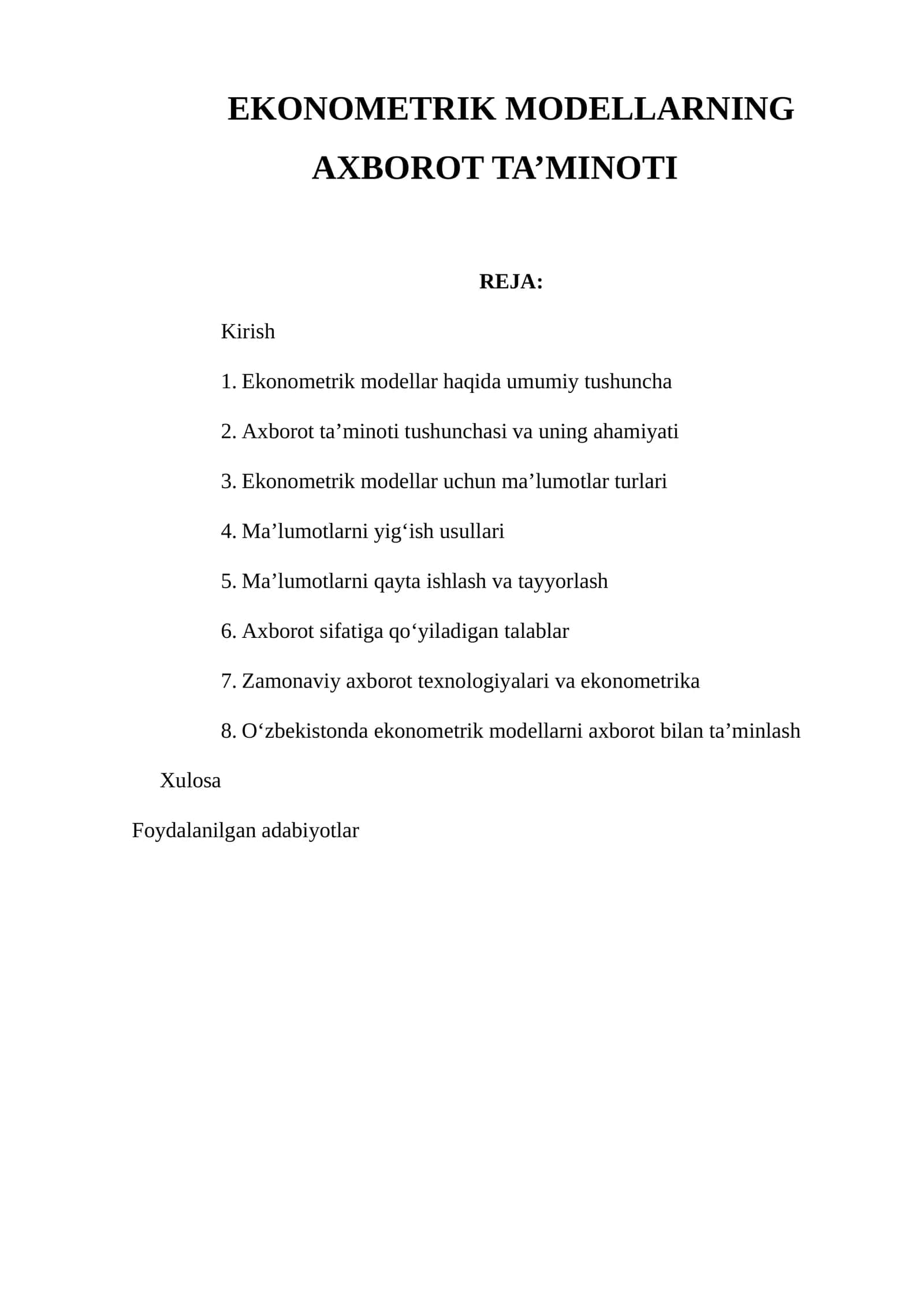 EKONOMETRIK MODELLARNING AXBOROT TA’MINOTI