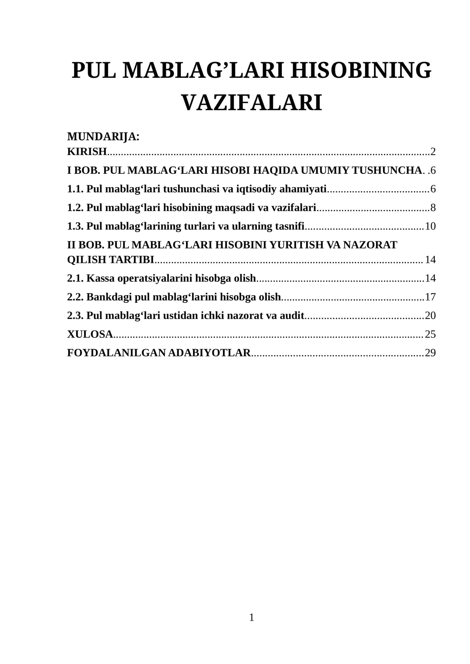 PUL MABLAG’LARI HISOBINING VAZIFALARI