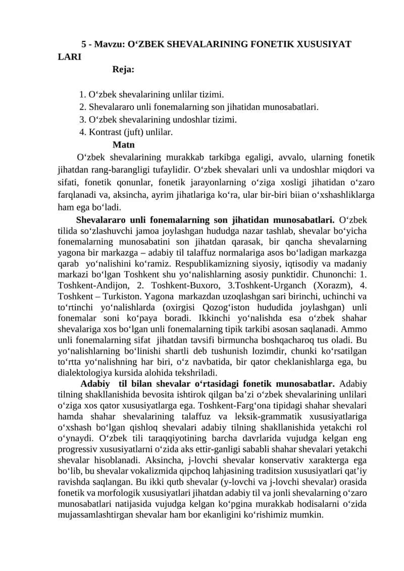 Oʻzbek Shevalarining Fonetik Xususiyat