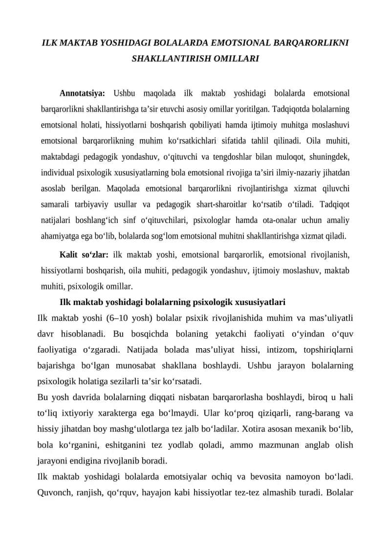 ILK MAKTAB YOSHIDAGI BOLALARDA EMOTSIONAL BARQARORLIKNI SHAKLLANTIRISH OMILLARI