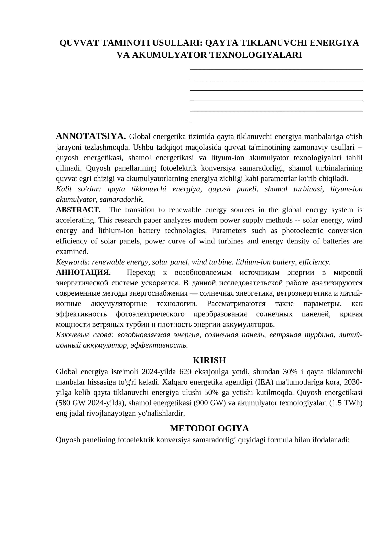 QUVVAT TAMINOTI USULLARI: QAYTA TIKLANUVCHI ENERGIYA VA AKUMULYATOR TEXNOLOGIYALARI