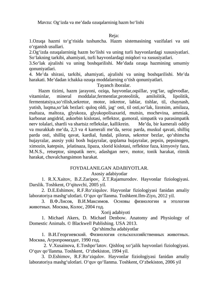 Og‘izda va me’dada ozuqalarninig hazm bo‘lishi