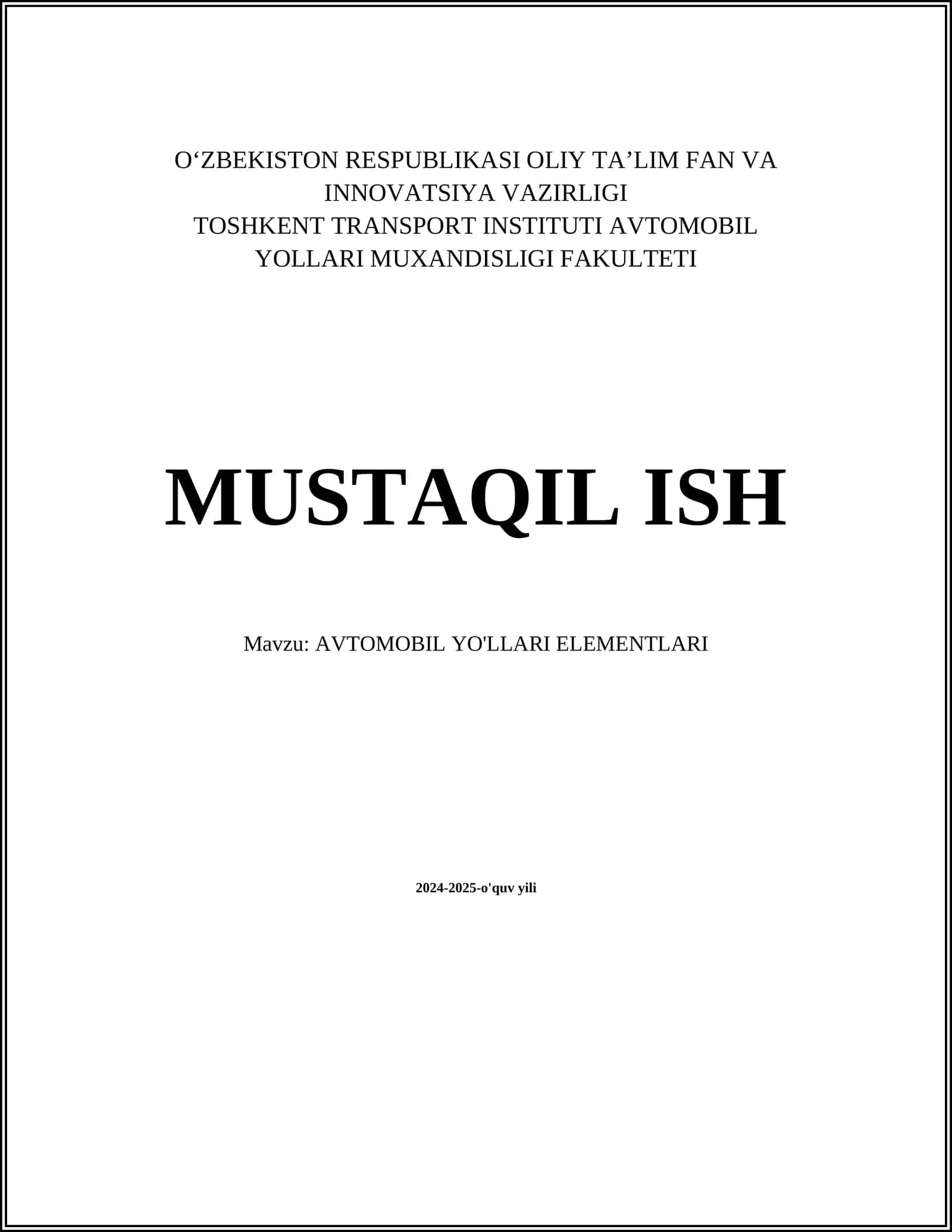 AVTOMOBIL YO'LLARI ELEMENTLARI