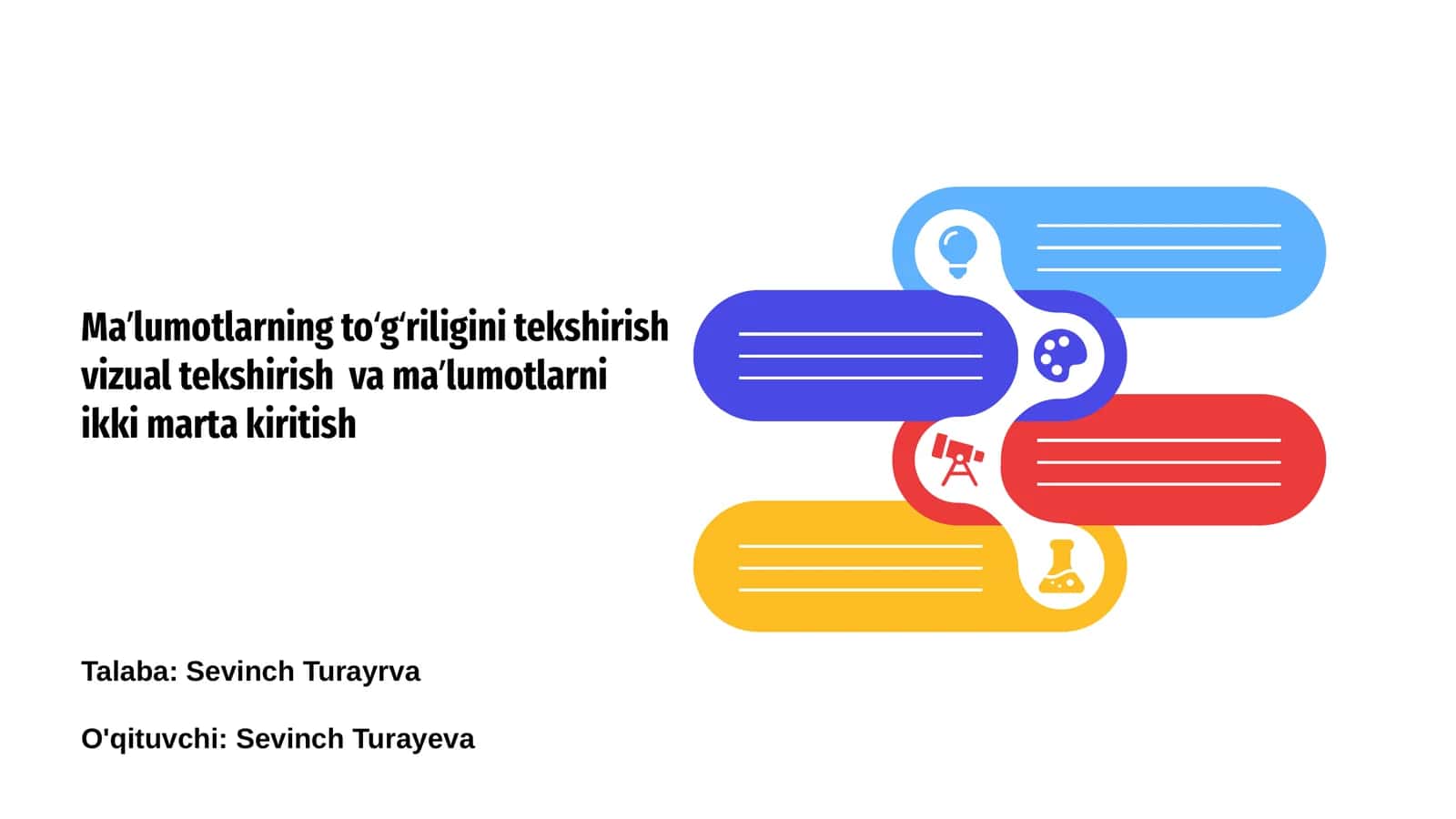 Maʼlumotlarning toʻgʻriligini tekshirish vizual tekshirish va maʼlumotlarni ikki marta kiritish