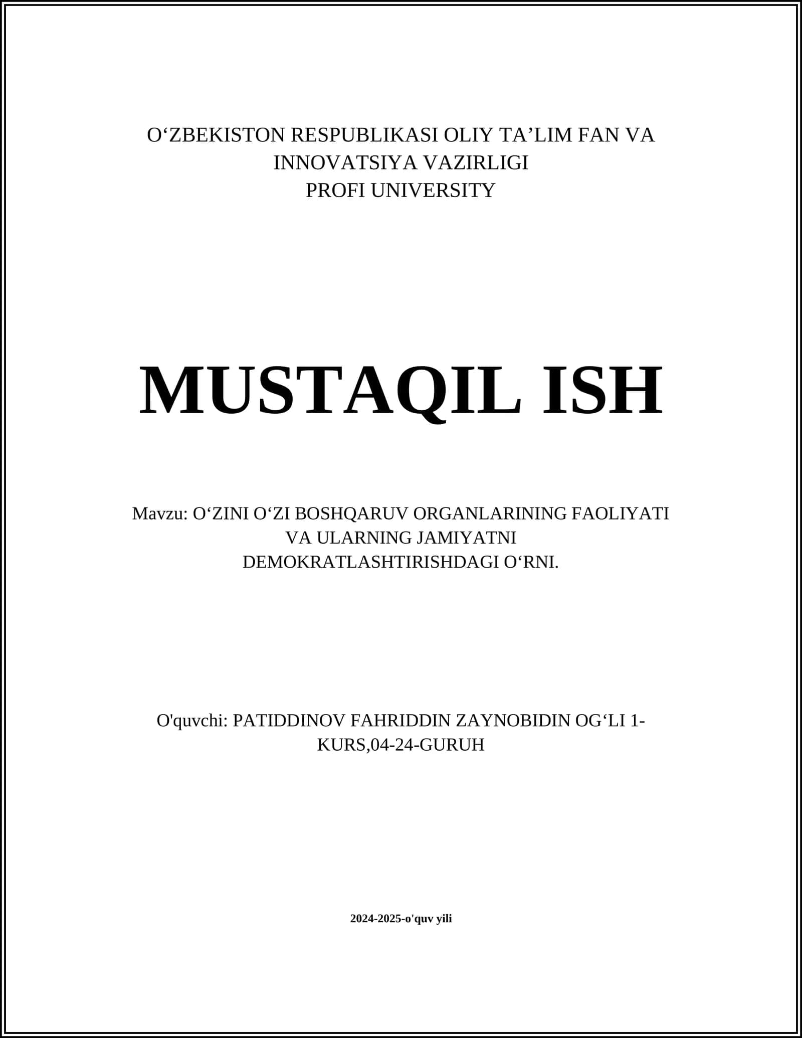 O‘ZINI O‘ZI BOSHQARUV ORGANLARINING FAOLIYATI VA ULARNING JAMIYATNI DEMOKRATLASHTIRISHDAGI O‘RNI