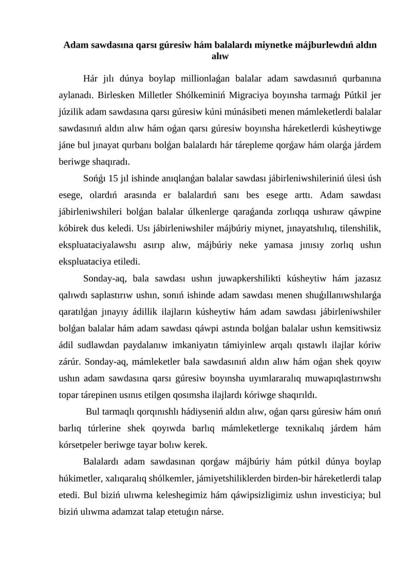 Adam sawdasına qarsı gúresiw