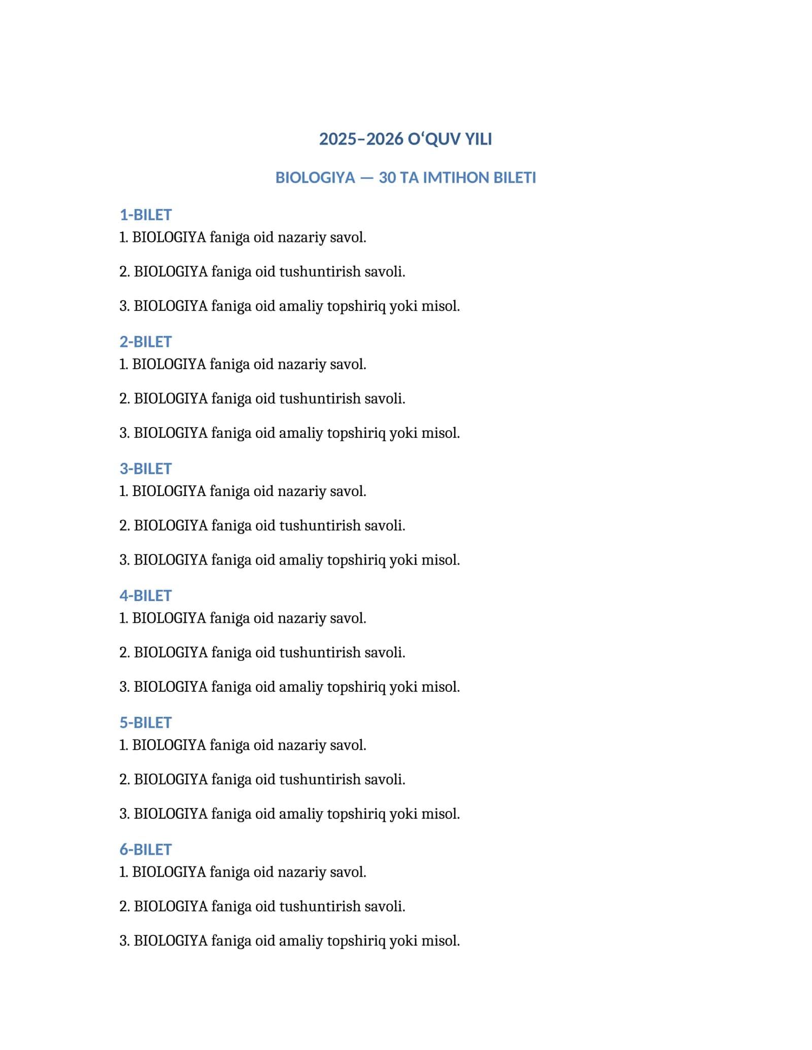 BIOLOGIYA 2025-2026-oquv yili uchun 30 TA IMTIHON BILETI