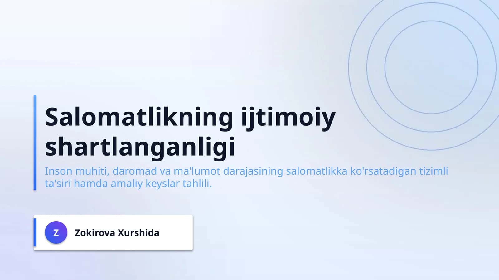 Salomatlikning ijtimoiy shartlanganligi (jamiyatdagi ijtimoiy-iqtisodiy omillarning (inson muhiti, daromadi, maʻlumoti, salomatlikka taʼsirini koʻrsatuvchi)3 ta hayotiy kes-stadi misolini tayyorlang)