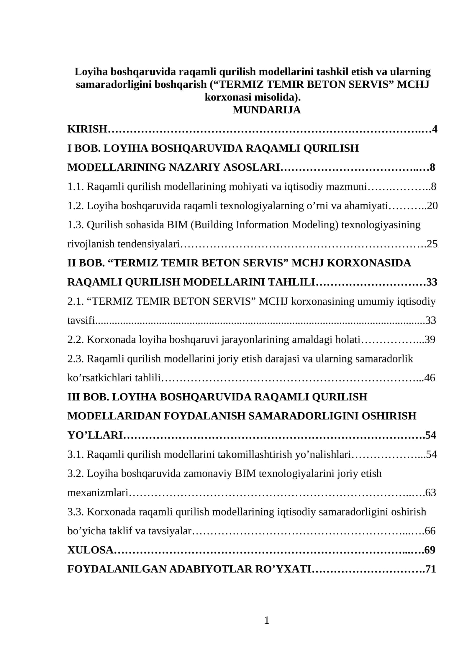 Loyiha boshqaruvida raqamli qurilish modellarini tashkil etish va ularning samaradorligini boshqarish (“TERMIZ TEMIR BETON SERVIS” MCHJ korxonasi misolida)