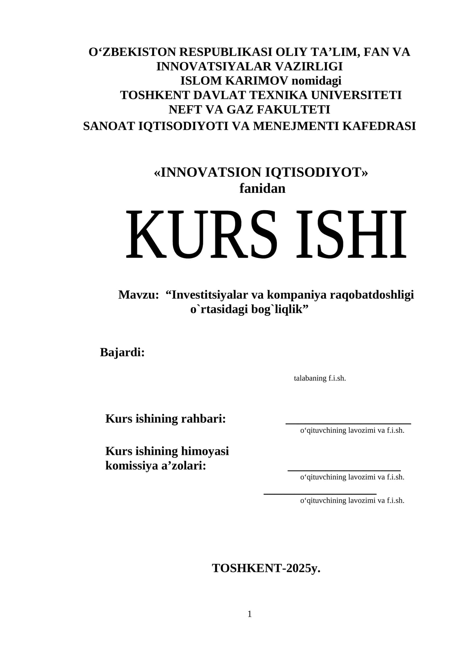 Investitsiyalar va kompaniya raqobatdoshligi o`rtasidagi bog`liqlik