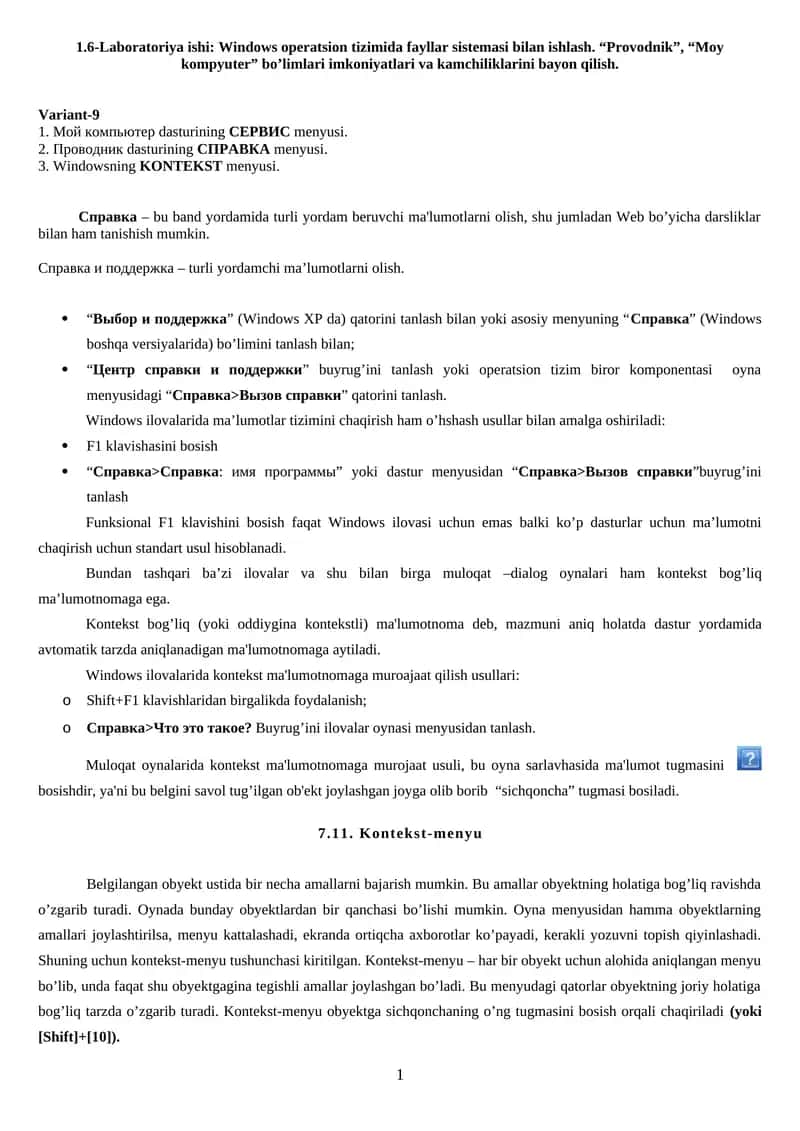 Laboratoriya ishi: Windows operatsion tizimida fayllar sistemasi bilan ishlash. “Provodnik”, “Moy kompyuter” bo’limlari imkoniyatlari va kamchiliklarini bayon qilish