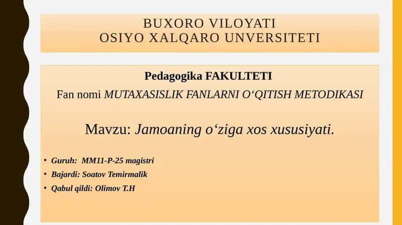 MUTAXASISLIK FANLARNIO‘QITISH METODIKASI
