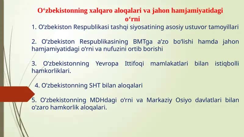O‘zbekistonning xalqaro aloqalari va jahon hamjamiyatidagi o‘rni