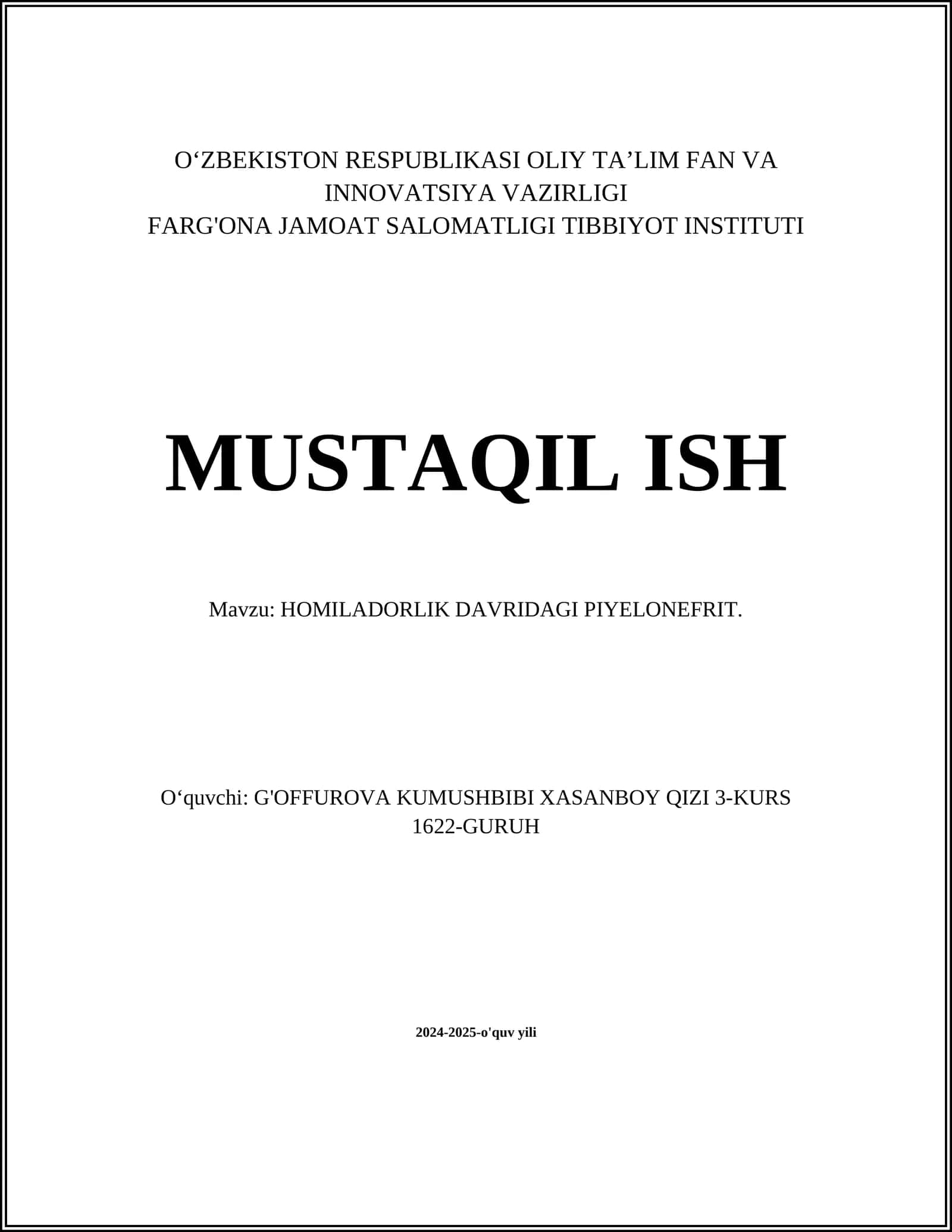 HOMILADORLIK DAVRIDAGI PIYELONEFRIT